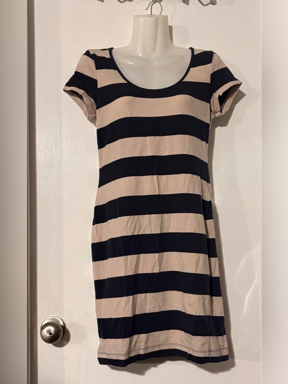 H&M Beige and Black Striped Scoop Neck Dress